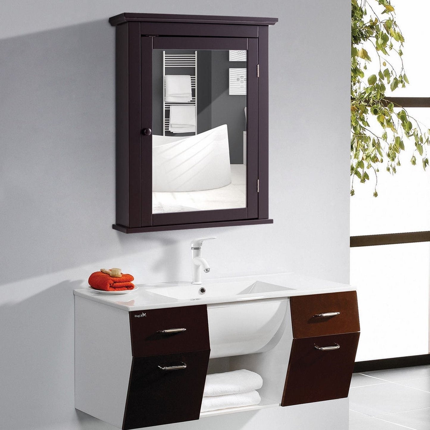 Forclover 22-in x 27-in Surface Mount Brown Mirrored Medicine Cabinet