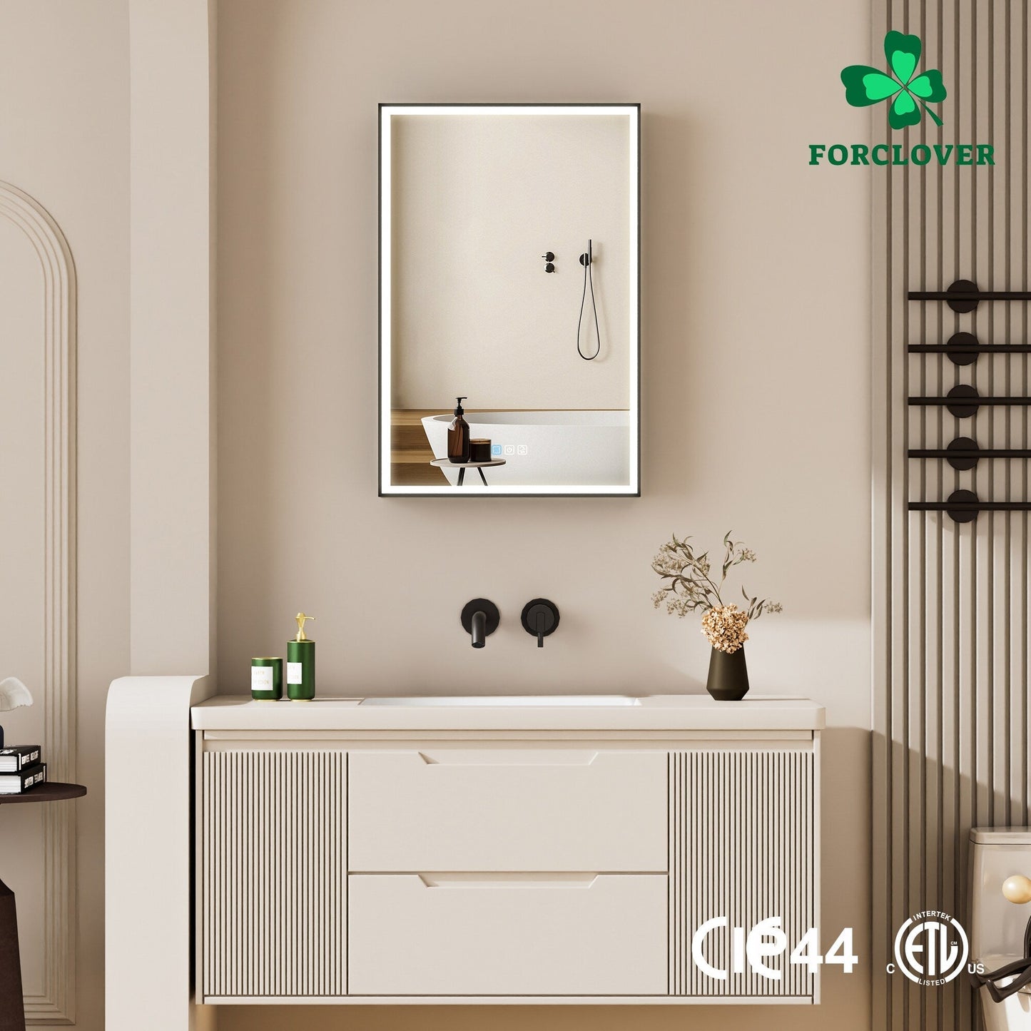 Forclover 20-in x 30-in Lighted LED Fog Free Surface/Recessed Mount Black Mirrored Soft Close Medicine Cabinet with Outlet