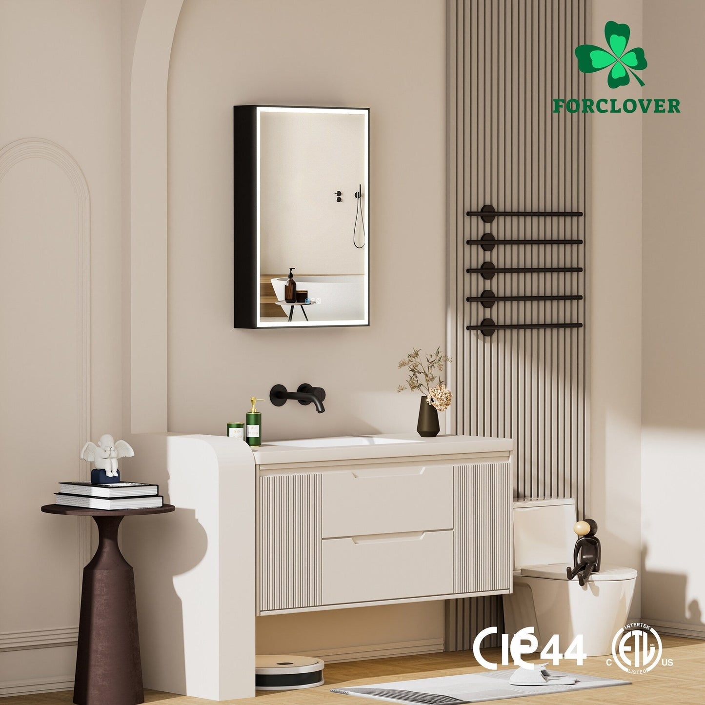 Forclover 24-in x 30-in Lighted LED Fog Free Surface/Recessed Mount Black Mirrored Medicine Cabinet with Outlet