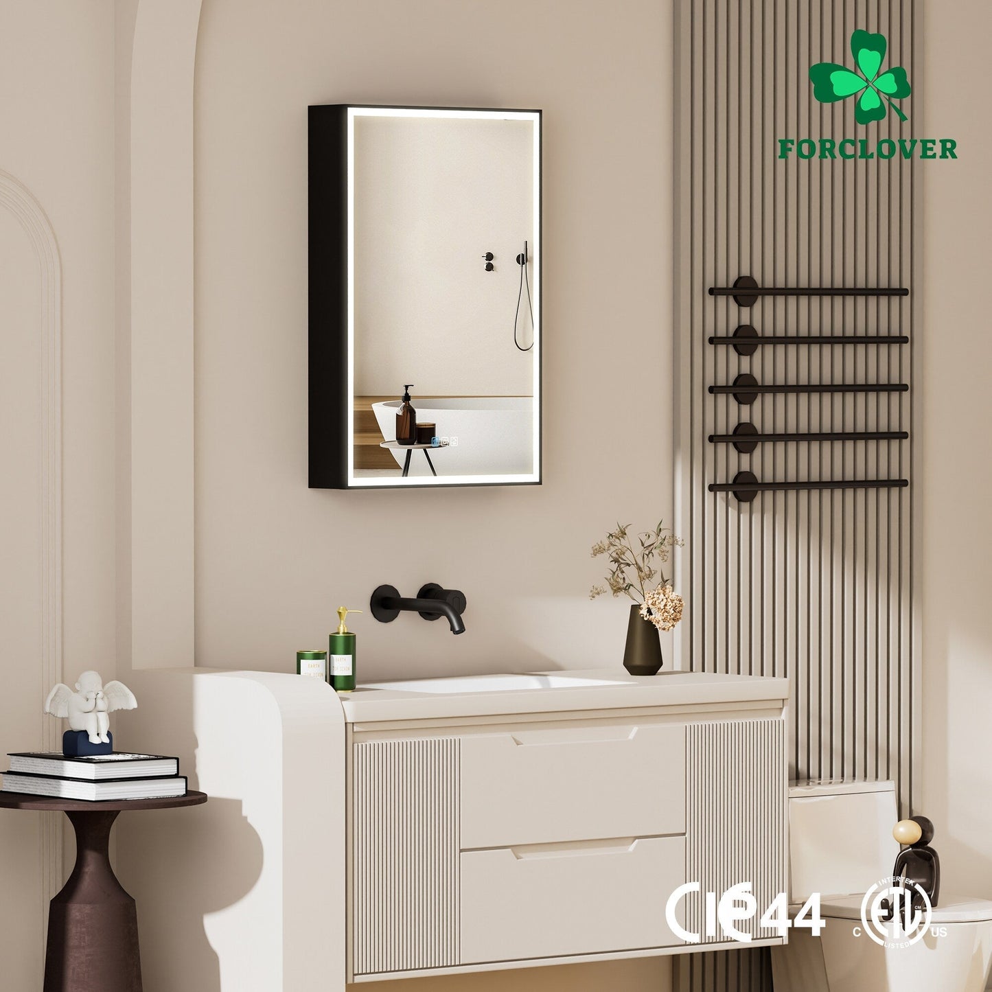 Forclover 20-in x 30-in Lighted LED Fog Free Surface/Recessed Mount Black Mirrored Soft Close Medicine Cabinet with Outlet