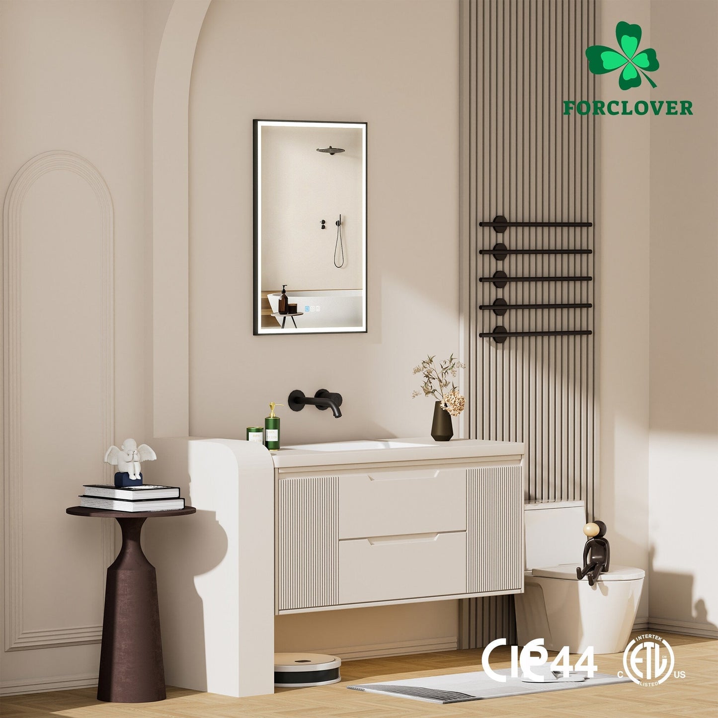 Forclover 24-in x 30-in Lighted LED Fog Free Surface/Recessed Mount Black Mirrored Medicine Cabinet with Outlet