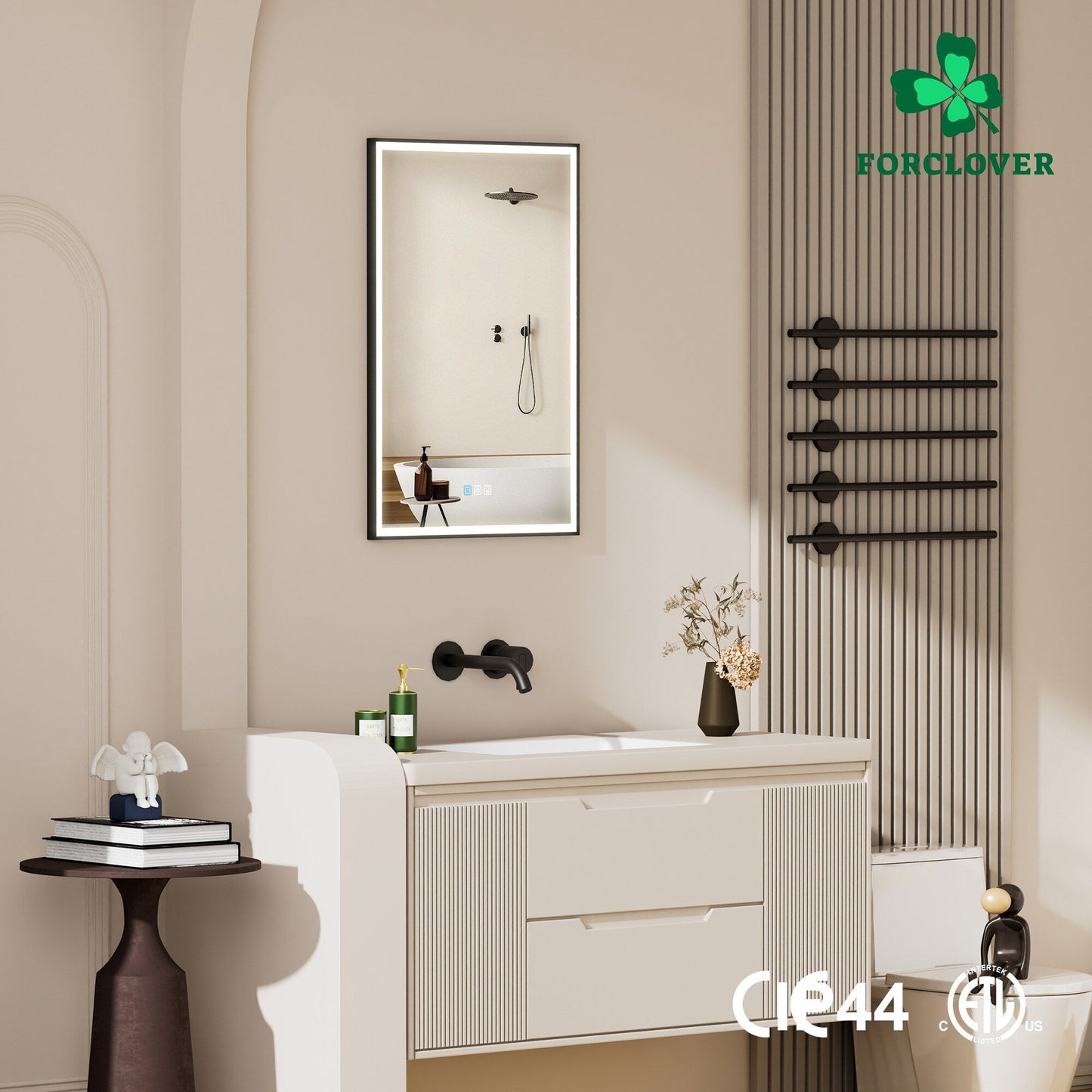 Forclover 20-in x 30-in Lighted LED Fog Free Surface/Recessed Mount Black Mirrored Soft Close Medicine Cabinet with Outlet