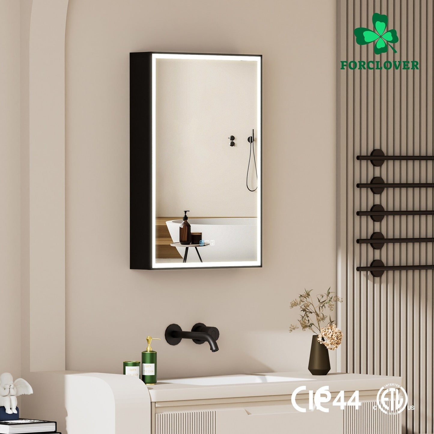 Forclover 24-in x 30-in Lighted LED Fog Free Surface/Recessed Mount Black Mirrored Medicine Cabinet with Outlet