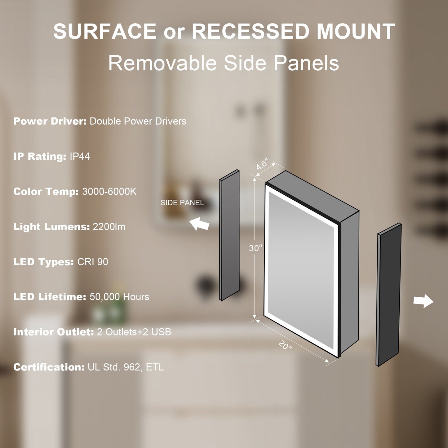 Forclover 20-in x 30-in Lighted LED Fog Free Surface/Recessed Mount Black Mirrored Soft Close Medicine Cabinet with Outlet