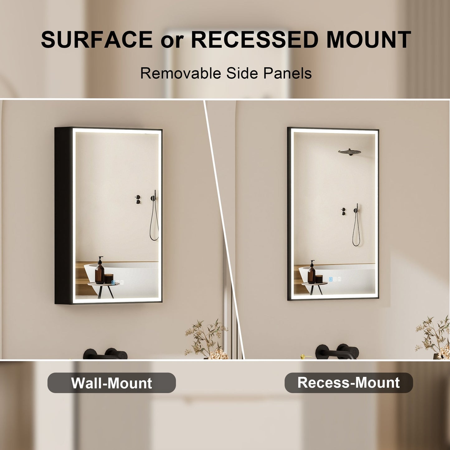 Forclover 20-in x 30-in Lighted LED Fog Free Surface/Recessed Mount Black Mirrored Soft Close Medicine Cabinet with Outlet
