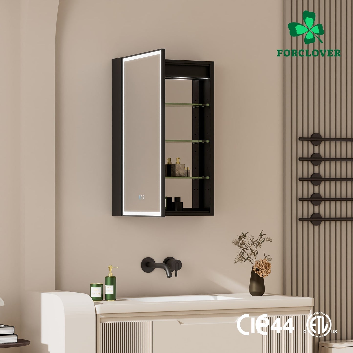 Forclover 20-in x 30-in Lighted LED Fog Free Surface/Recessed Mount Black Mirrored Soft Close Medicine Cabinet with Outlet