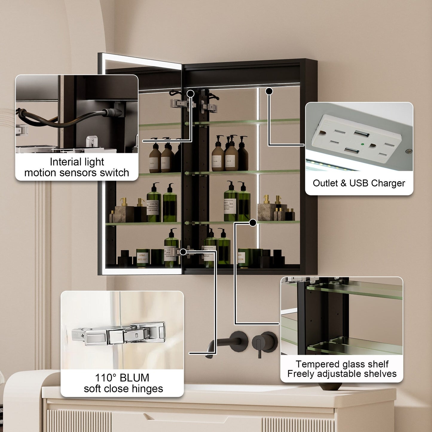 Forclover 20-in x 30-in Lighted LED Fog Free Surface/Recessed Mount Black Mirrored Soft Close Medicine Cabinet with Outlet
