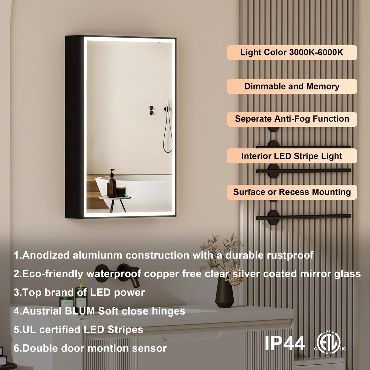 Forclover 20-in x 30-in Lighted LED Fog Free Surface/Recessed Mount Black Mirrored Soft Close Medicine Cabinet with Outlet