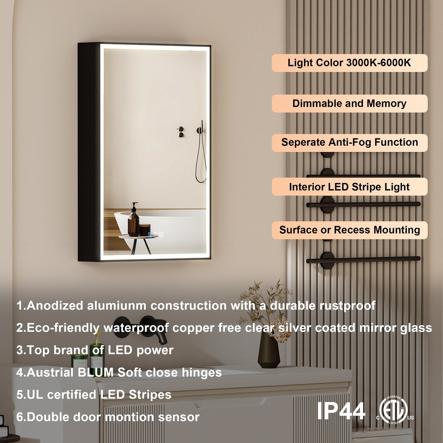 Forclover 20-in x 30-in Lighted LED Fog Free Surface/Recessed Mount Black Mirrored Soft Close Medicine Cabinet with Outlet