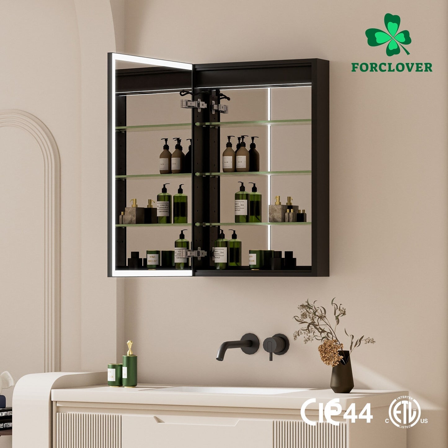 Forclover 20-in x 30-in Lighted LED Fog Free Surface/Recessed Mount Black Mirrored Soft Close Medicine Cabinet with Outlet