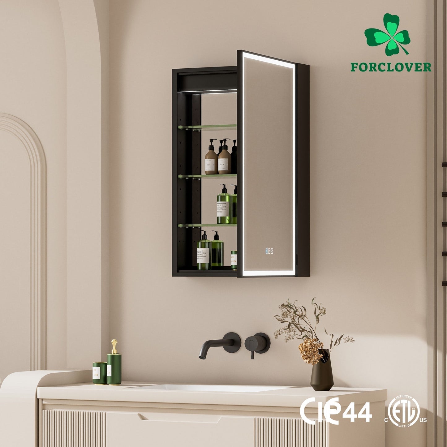 Forclover 20-in x 30-in Lighted LED Fog Free Surface/Recessed Mount Black Mirrored Soft Close Medicine Cabinet with Outlet