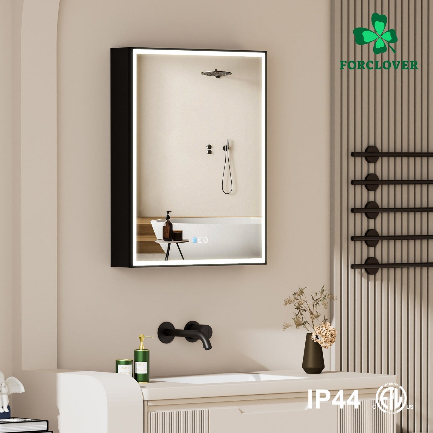 Forclover 20-in x 30-in Lighted LED Fog Free Surface/Recessed Mount Black Mirrored Soft Close Medicine Cabinet with Outlet