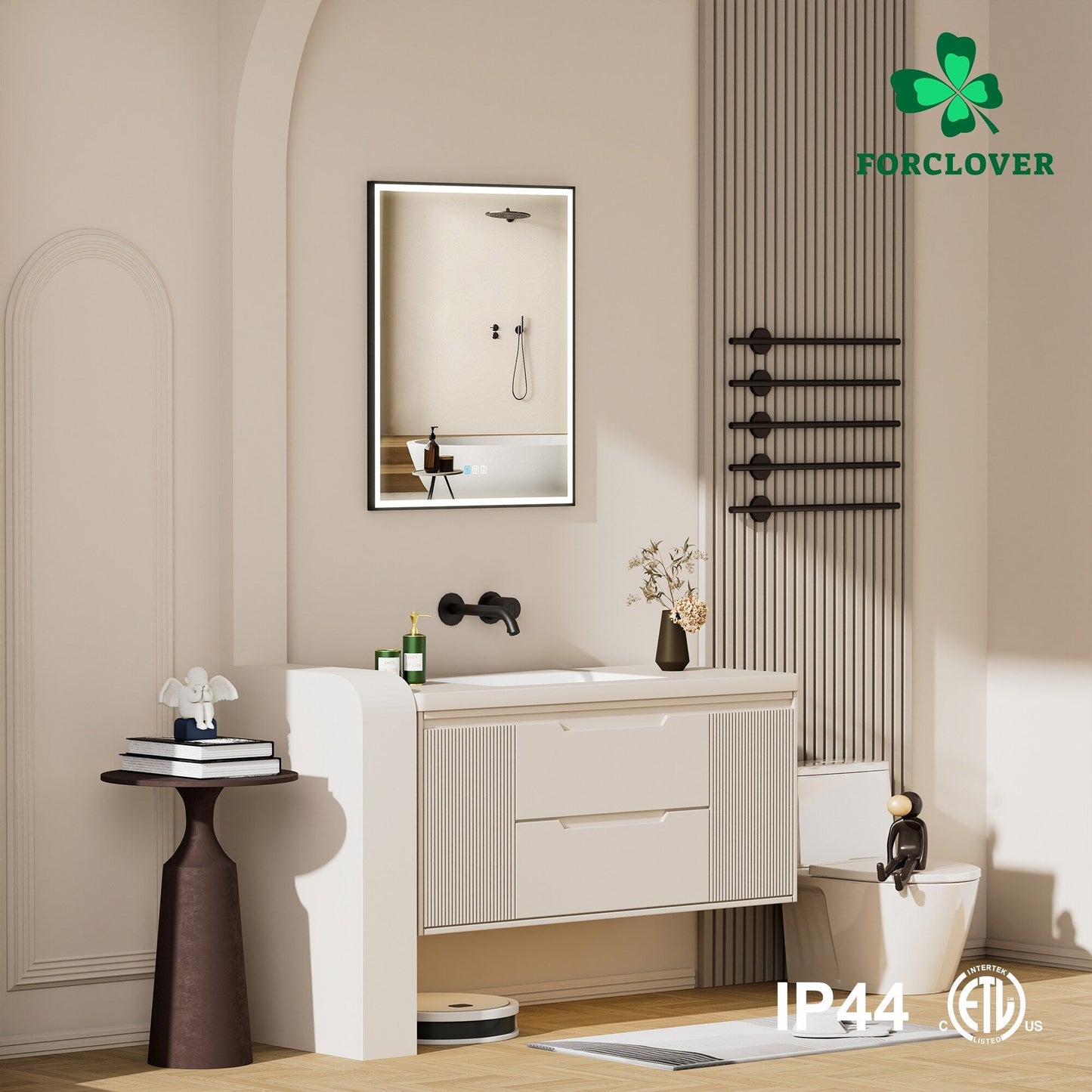 Forclover 20-in x 30-in Lighted LED Fog Free Surface/Recessed Mount Black Mirrored Soft Close Medicine Cabinet with Outlet