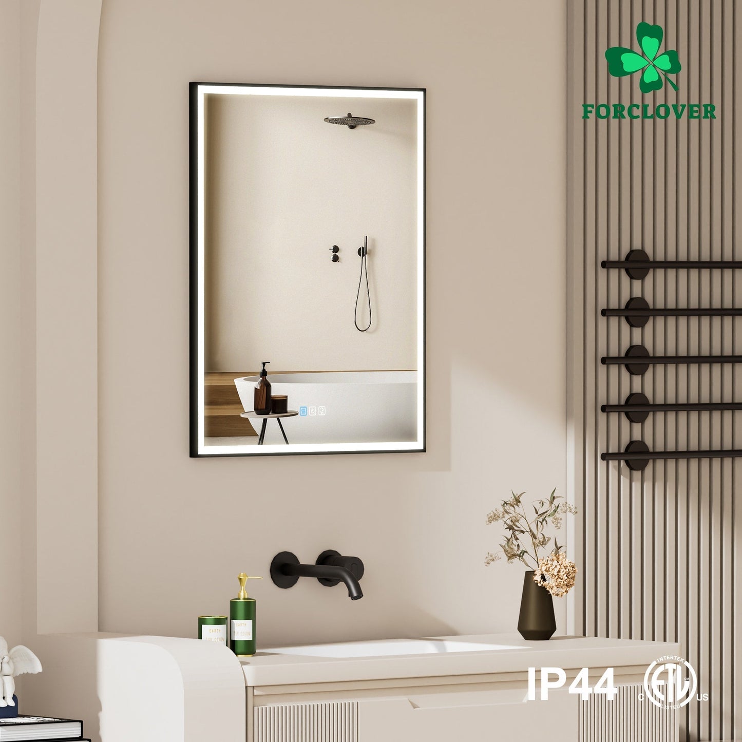 Forclover 20-in x 30-in Lighted LED Fog Free Surface/Recessed Mount Black Mirrored Soft Close Medicine Cabinet with Outlet