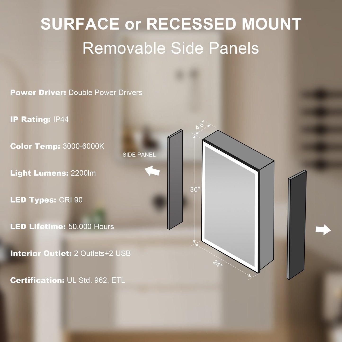 Forclover 24-in x 30-in Lighted LED Fog Free Surface/Recessed Mount Black Mirrored Medicine Cabinet with Outlet