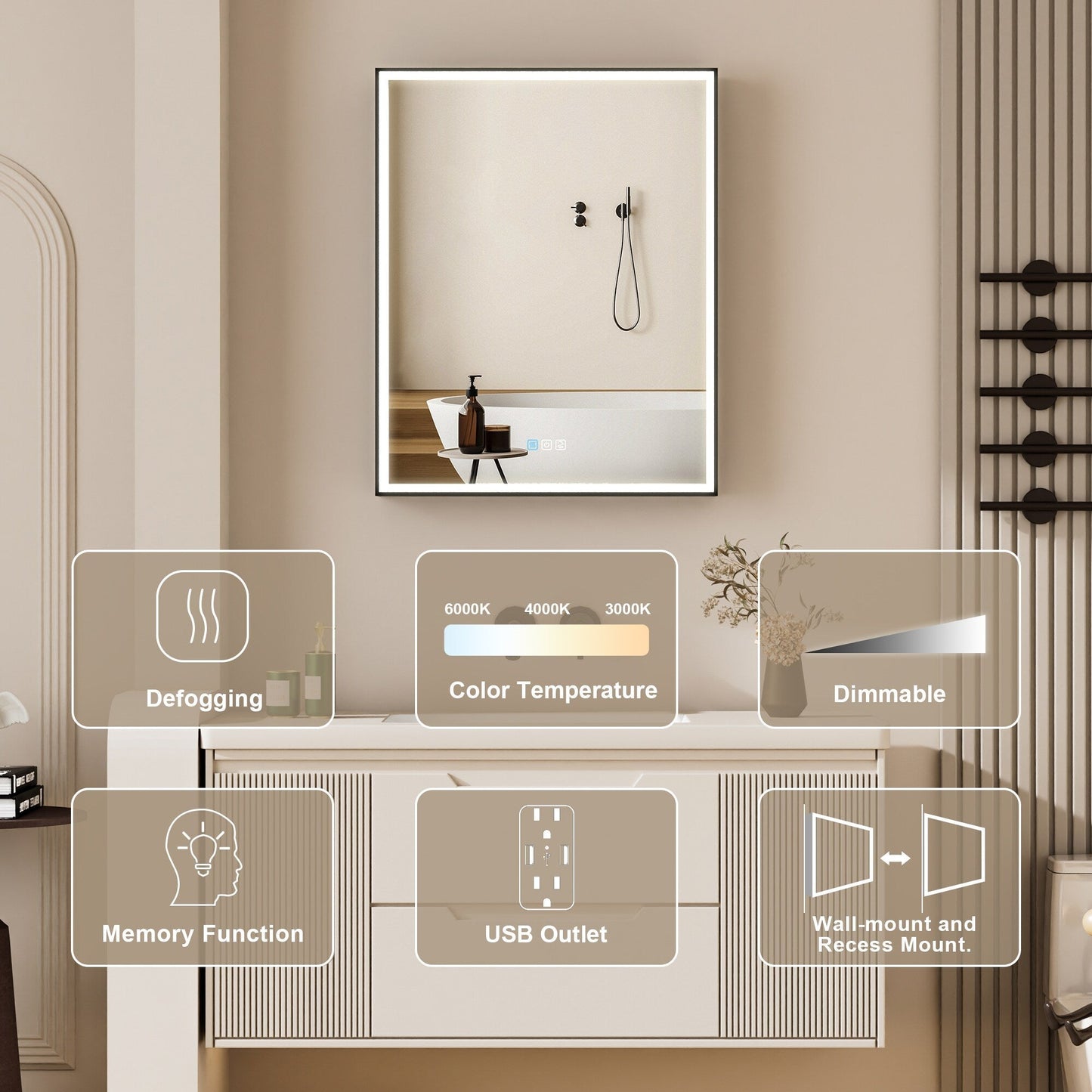 Forclover 24-in x 30-in Lighted LED Fog Free Surface/Recessed Mount Black Mirrored Medicine Cabinet with Outlet