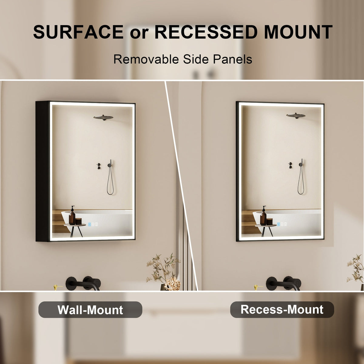 Forclover 24-in x 30-in Lighted LED Fog Free Surface/Recessed Mount Black Mirrored Medicine Cabinet with Outlet