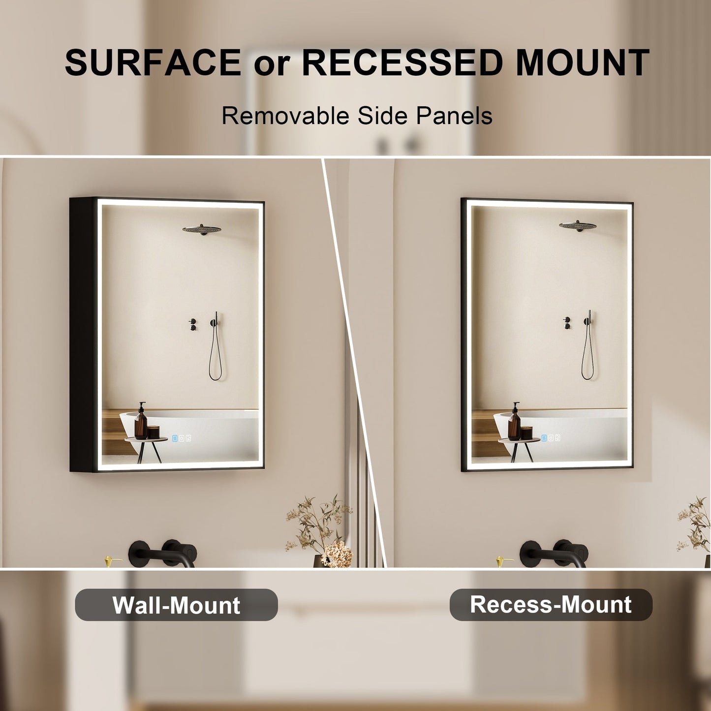 Forclover 24-in x 30-in Lighted LED Fog Free Surface/Recessed Mount Black Mirrored Medicine Cabinet with Outlet