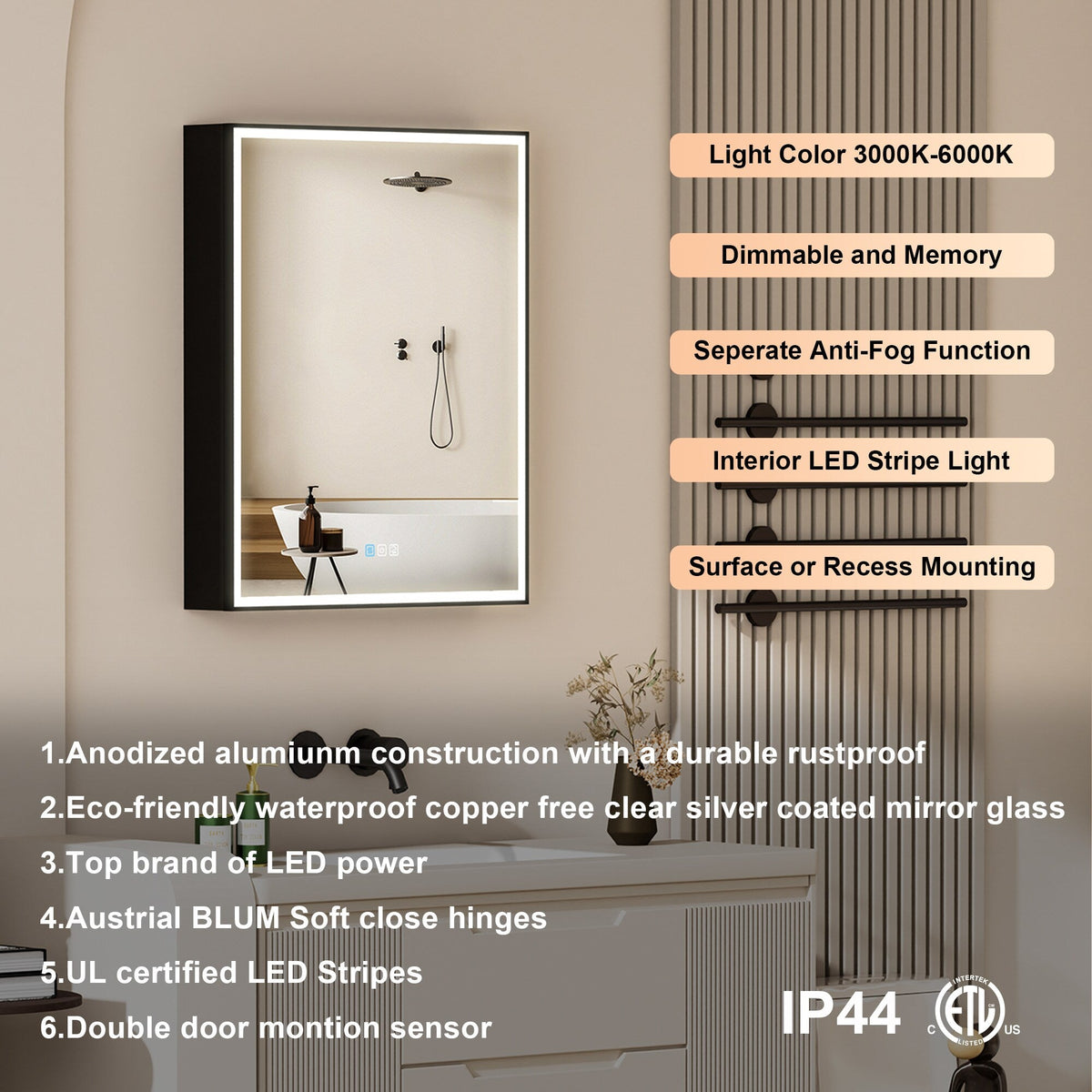 Forclover 24-in x 30-in Lighted LED Fog Free Surface/Recessed Mount Black Mirrored Medicine Cabinet with Outlet