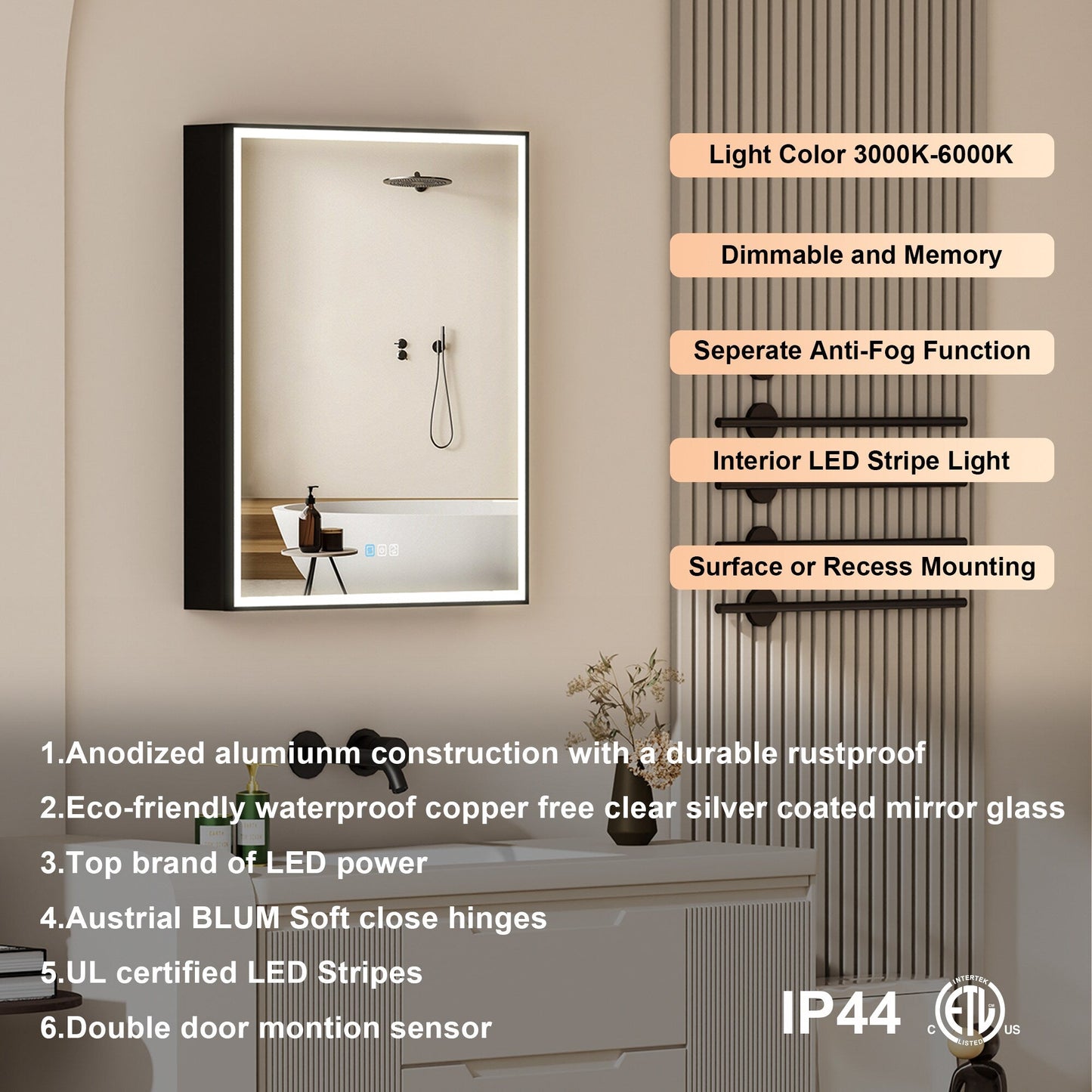 Forclover 24-in x 30-in Lighted LED Fog Free Surface/Recessed Mount Black Mirrored Medicine Cabinet with Outlet