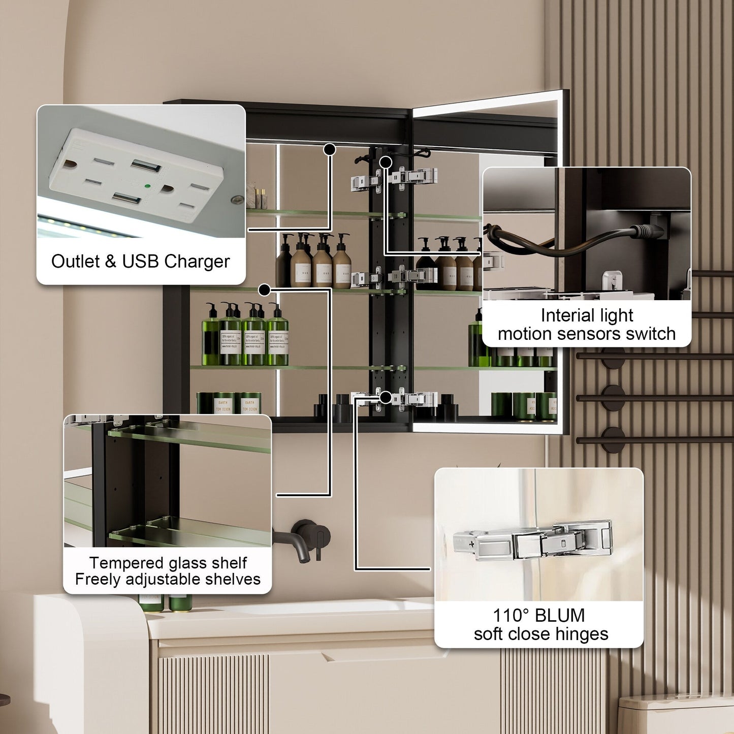 Forclover 24-in x 30-in Lighted LED Fog Free Surface/Recessed Mount Black Mirrored Medicine Cabinet with Outlet
