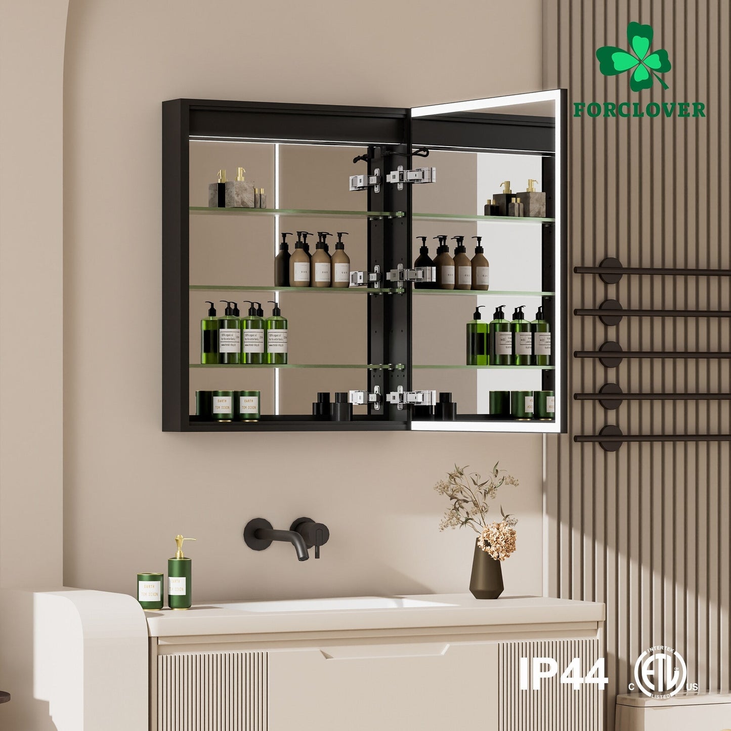 Forclover 24-in x 30-in Lighted LED Fog Free Surface/Recessed Mount Black Mirrored Medicine Cabinet with Outlet