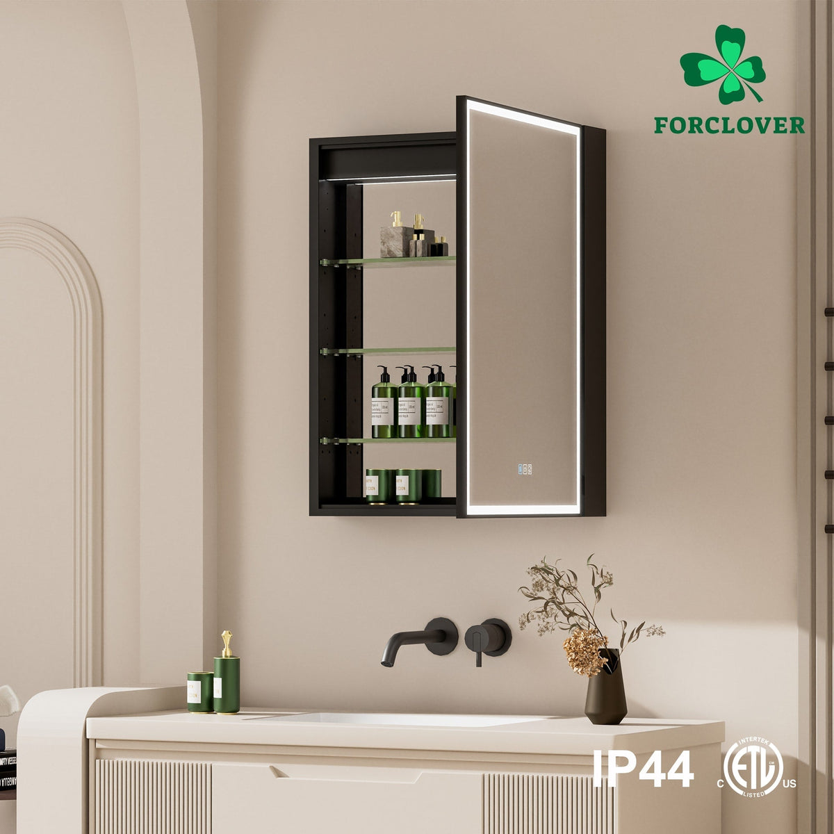 Forclover 24-in x 30-in Lighted LED Fog Free Surface/Recessed Mount Black Mirrored Medicine Cabinet with Outlet