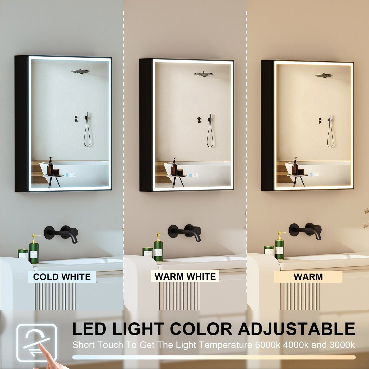Forclover 24-in x 30-in Lighted LED Fog Free Surface/Recessed Mount Black Mirrored Medicine Cabinet with Outlet
