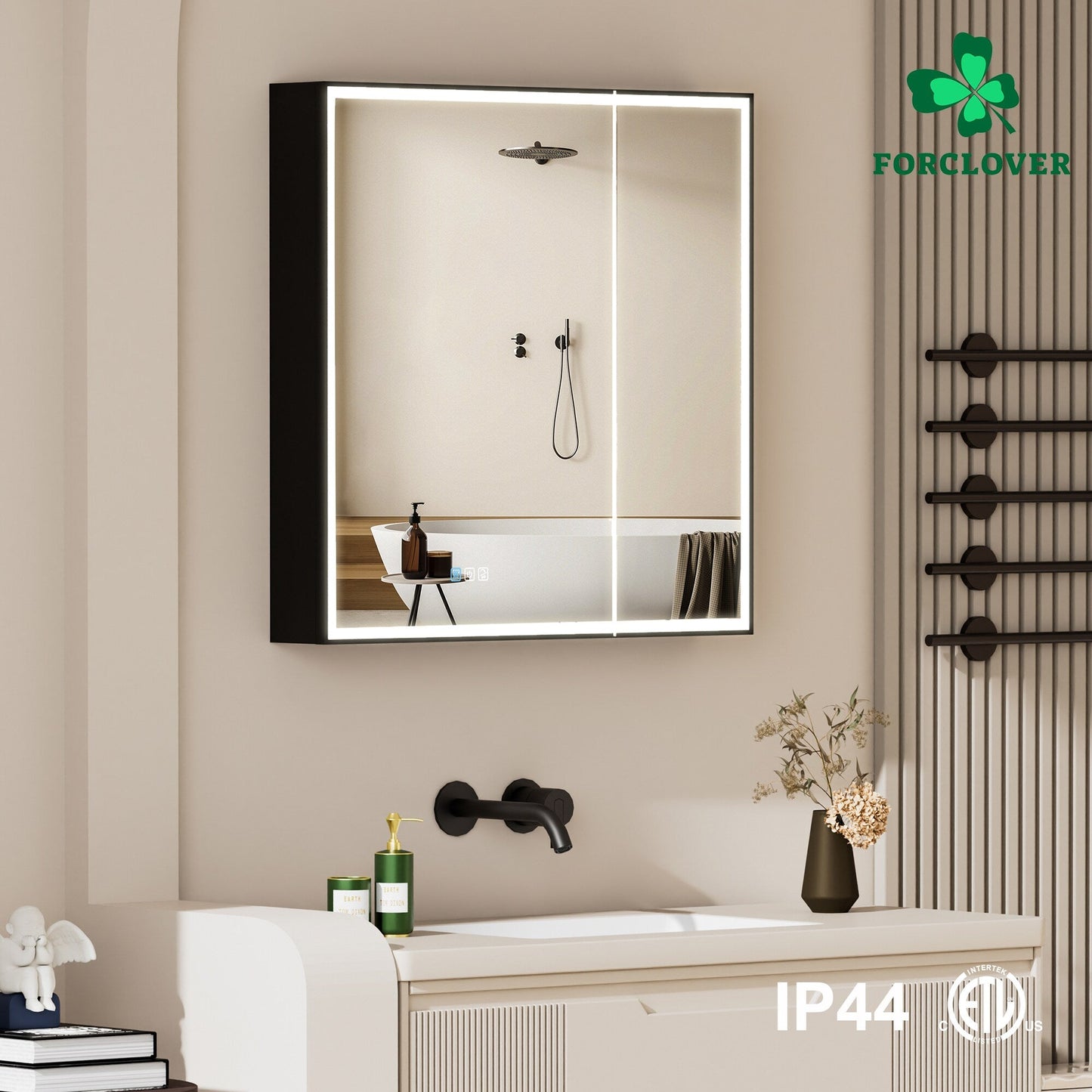 Forclover 30-in x 30-in Lighted LED Fog Free Surface/Recessed Mount Black Soft Close Medicine Cabinet with Outlet
