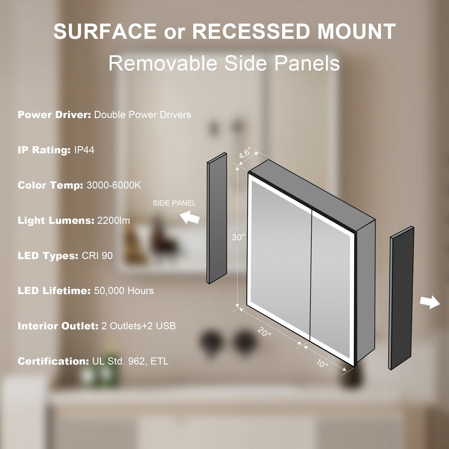 Forclover 30-in x 30-in Lighted LED Fog Free Surface/Recessed Mount Black Soft Close Medicine Cabinet with Outlet