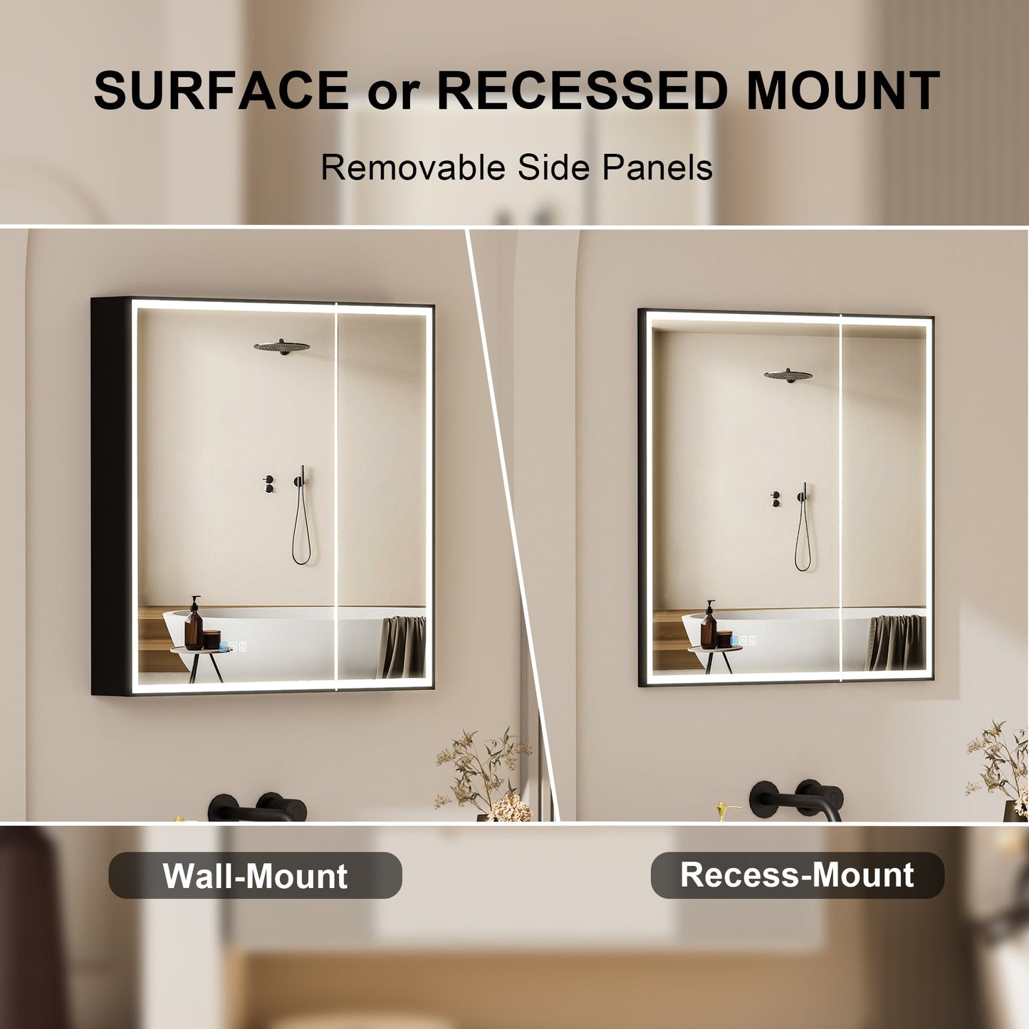 Forclover 30-in x 30-in Lighted LED Fog Free Surface/Recessed Mount Black Soft Close Medicine Cabinet with Outlet