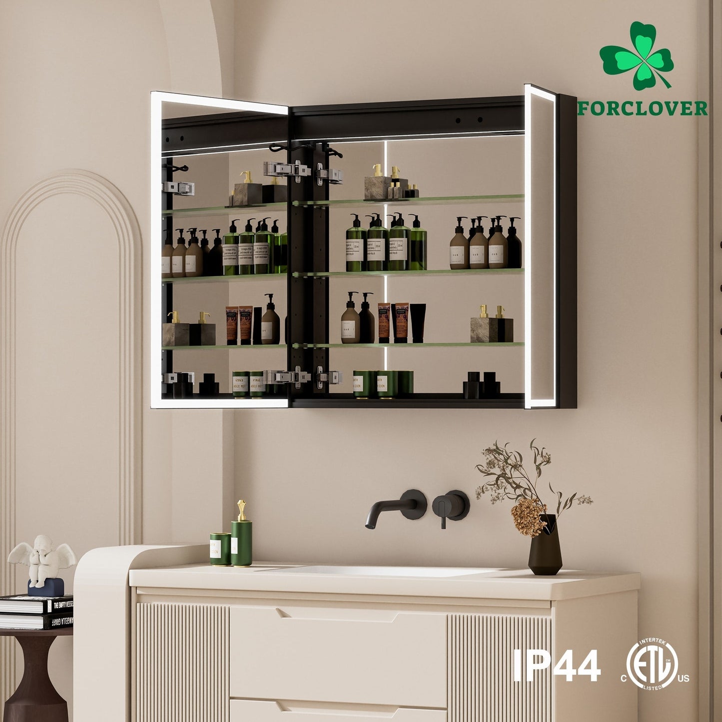 Forclover 30-in x 30-in Lighted LED Fog Free Surface/Recessed Mount Black Soft Close Medicine Cabinet with Outlet