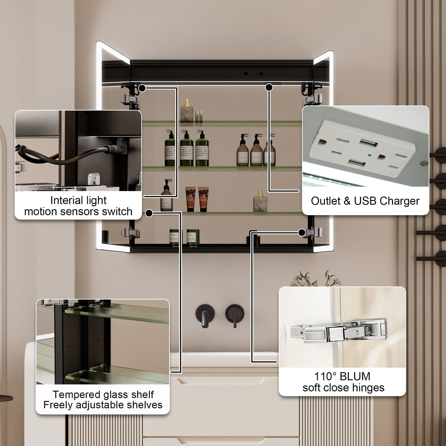 Forclover 30-in x 30-in Lighted LED Fog Free Surface/Recessed Mount Black Soft Close Medicine Cabinet with Outlet