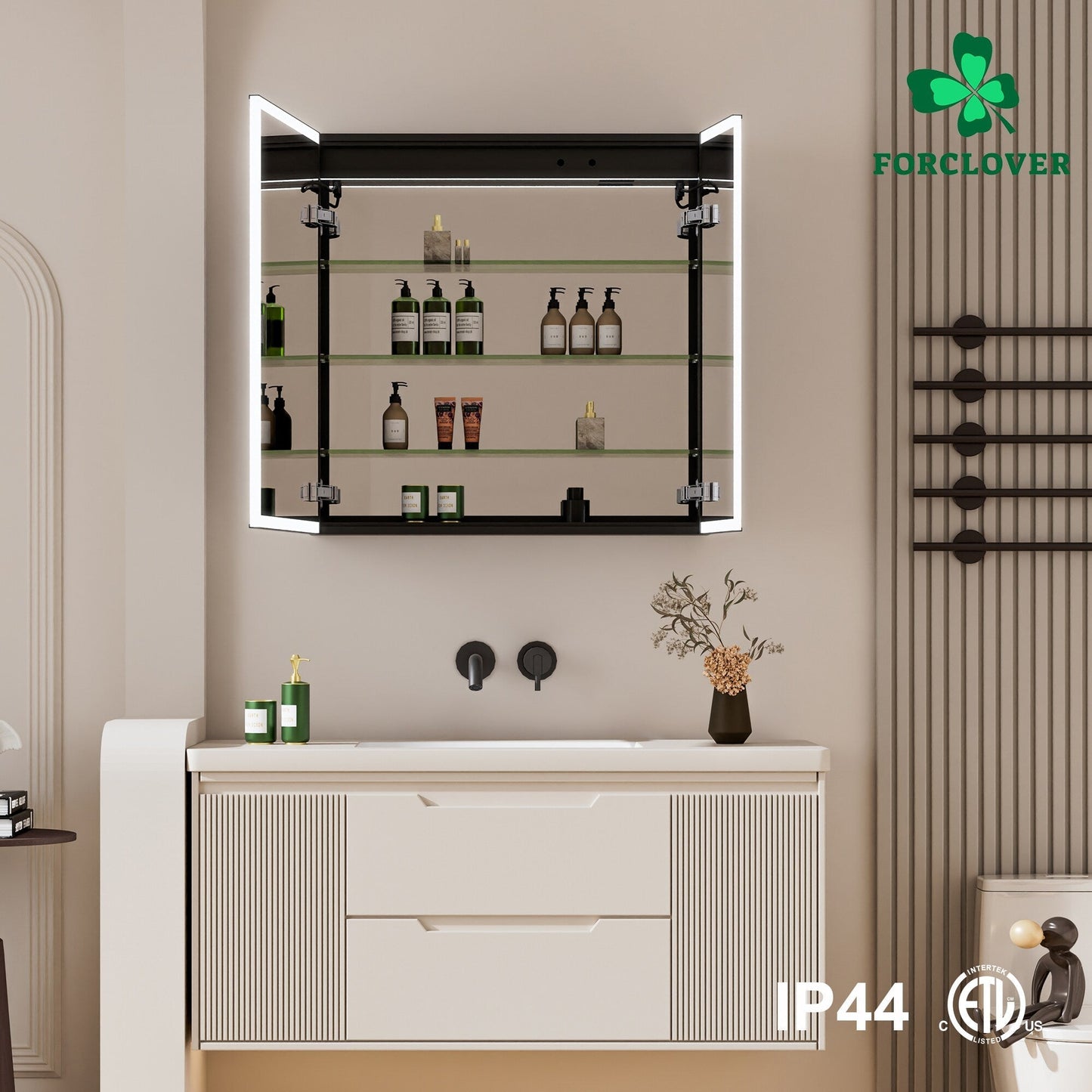 Forclover 30-in x 30-in Lighted LED Fog Free Surface/Recessed Mount Black Soft Close Medicine Cabinet with Outlet