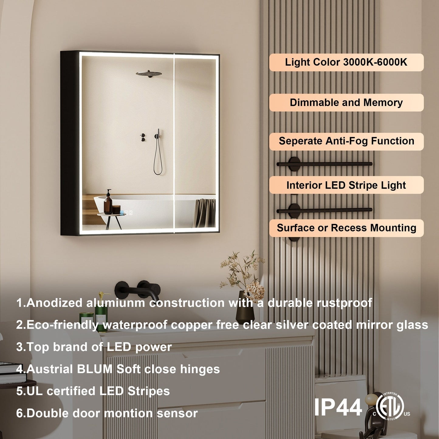 Forclover 30-in x 30-in Lighted LED Fog Free Surface/Recessed Mount Black Soft Close Medicine Cabinet with Outlet