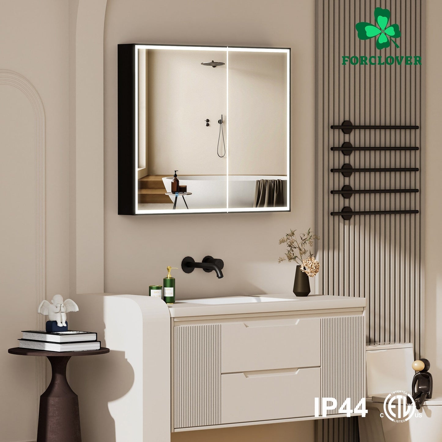 Forclover 36-in x 30-in Lighted LED Fog Free Surface/Recessed Mount Black Mirrored Soft Close Medicine Cabinet with Outlet