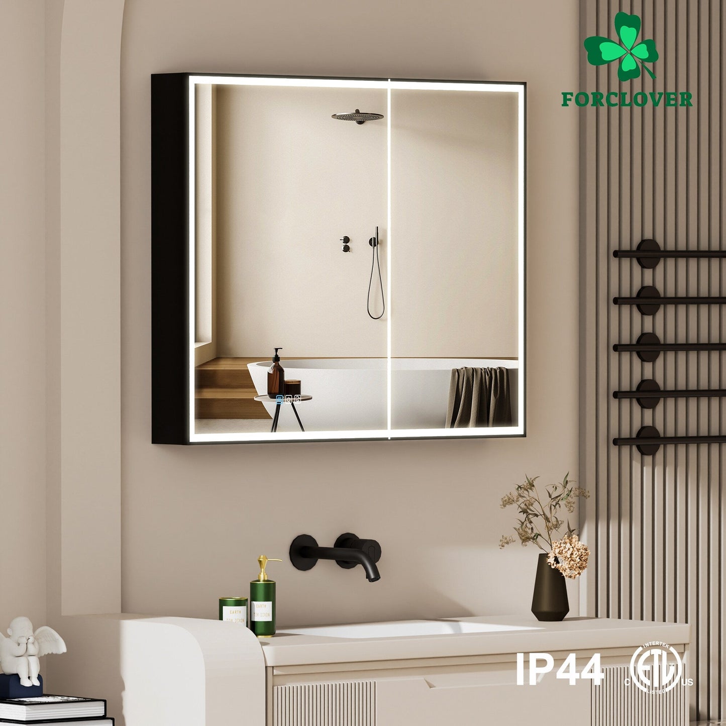 Forclover 36-in x 30-in Lighted LED Fog Free Surface/Recessed Mount Black Mirrored Soft Close Medicine Cabinet with Outlet