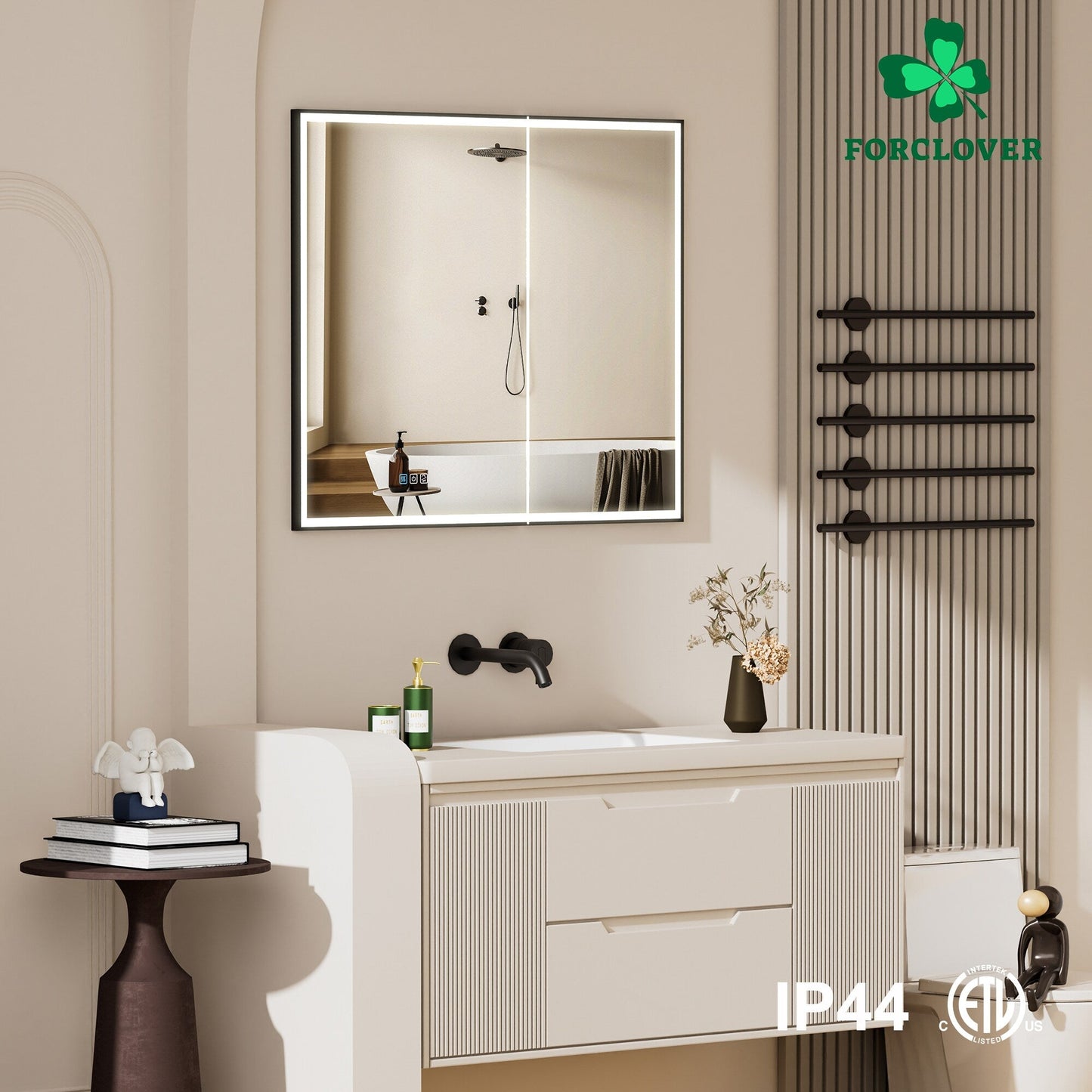 Forclover 36-in x 30-in Lighted LED Fog Free Surface/Recessed Mount Black Mirrored Soft Close Medicine Cabinet with Outlet