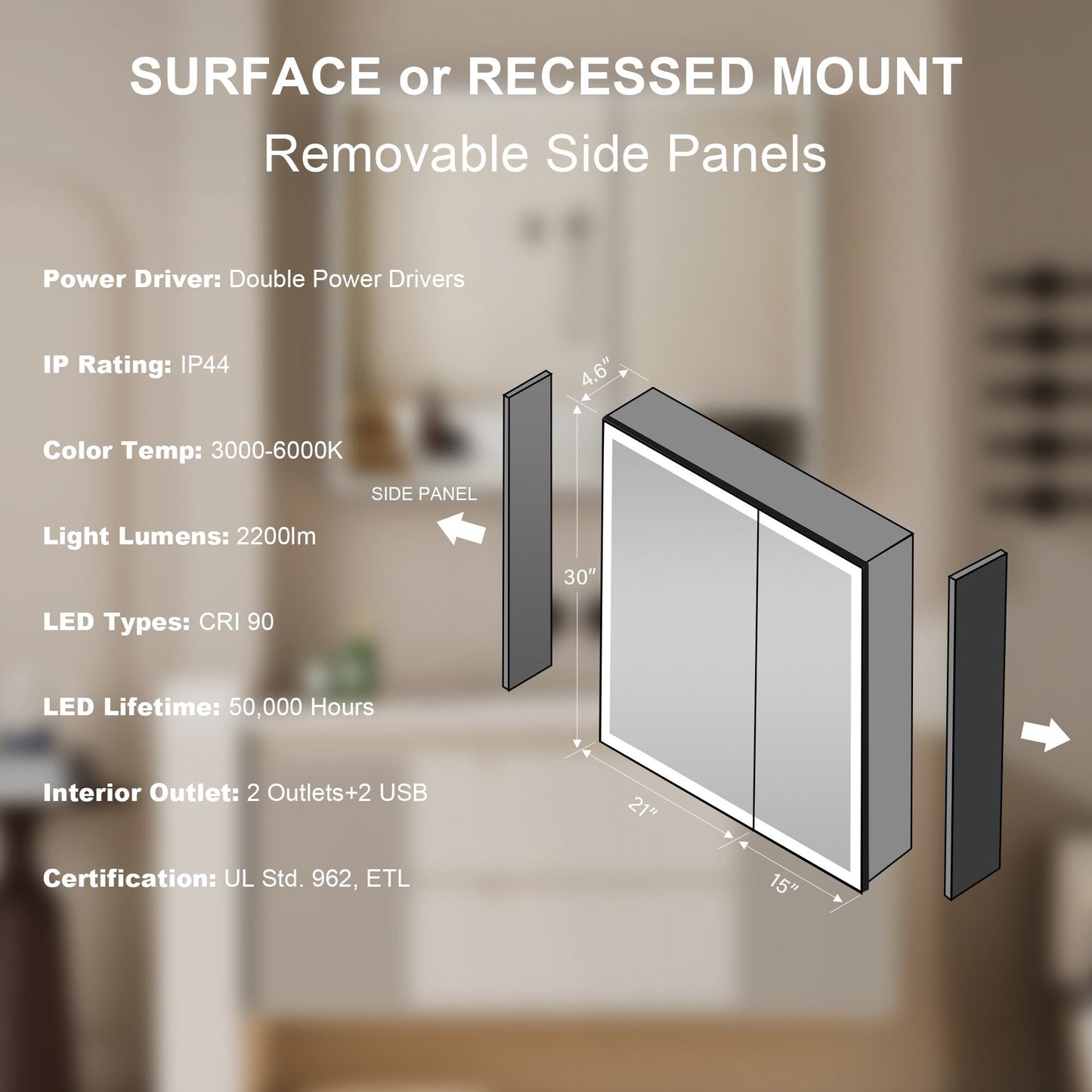 Forclover 36-in x 30-in Lighted LED Fog Free Surface/Recessed Mount Black Mirrored Soft Close Medicine Cabinet with Outlet