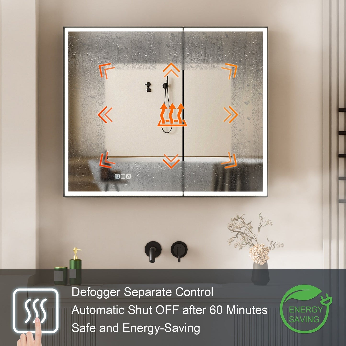 Forclover 36-in x 30-in Lighted LED Fog Free Surface/Recessed Mount Black Mirrored Soft Close Medicine Cabinet with Outlet