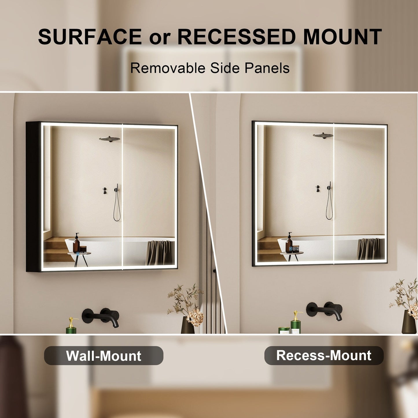 Forclover 36-in x 30-in Lighted LED Fog Free Surface/Recessed Mount Black Mirrored Soft Close Medicine Cabinet with Outlet