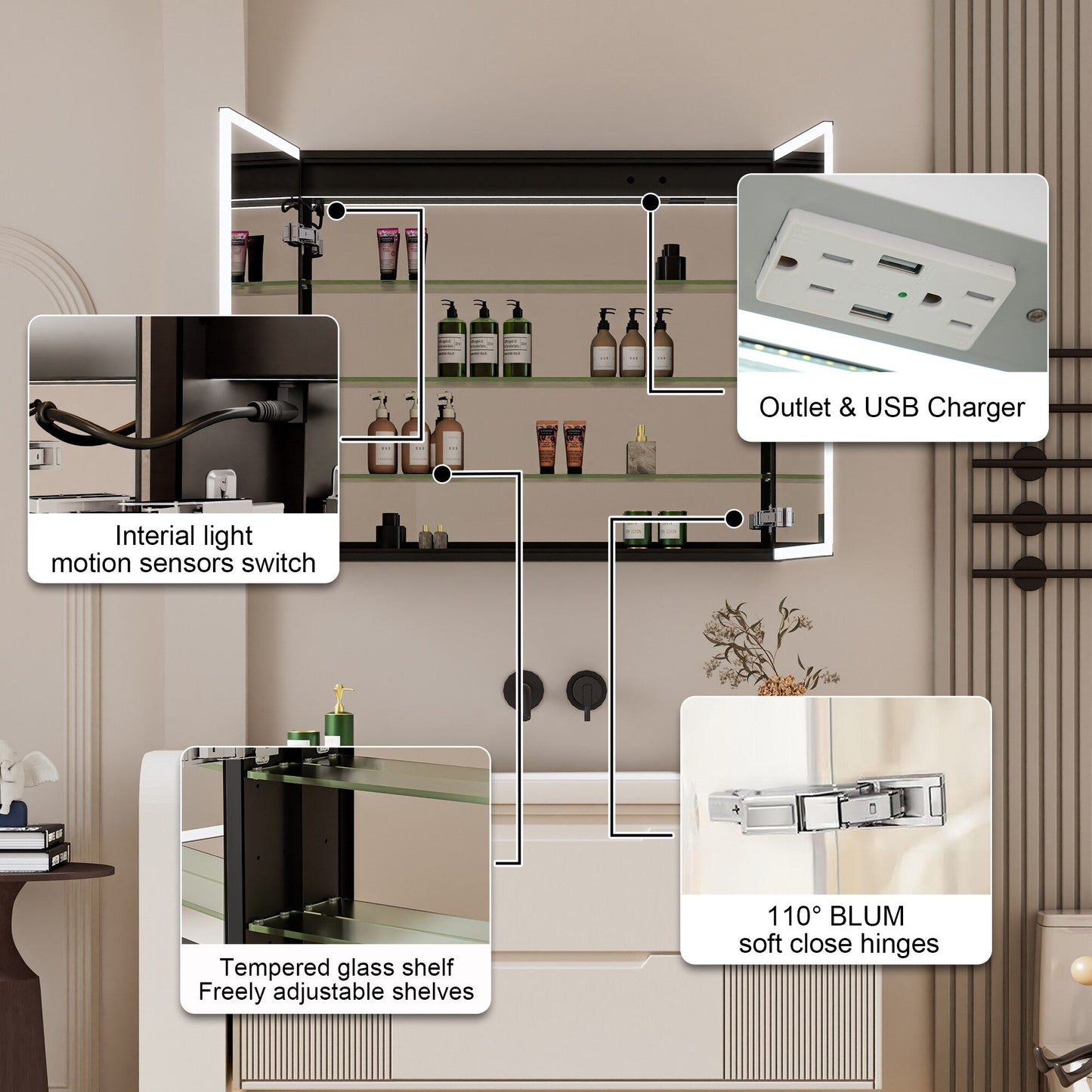 Forclover 36-in x 30-in Lighted LED Fog Free Surface/Recessed Mount Black Mirrored Soft Close Medicine Cabinet with Outlet