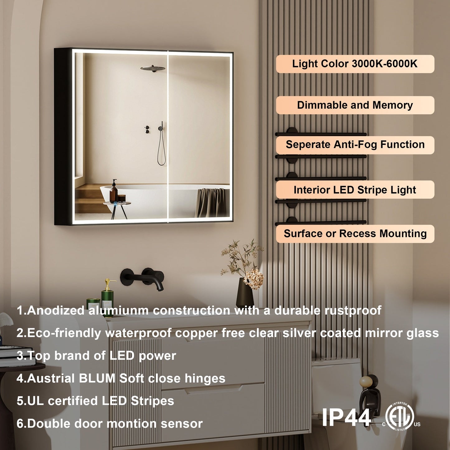 Forclover 36-in x 30-in Lighted LED Fog Free Surface/Recessed Mount Black Mirrored Soft Close Medicine Cabinet with Outlet