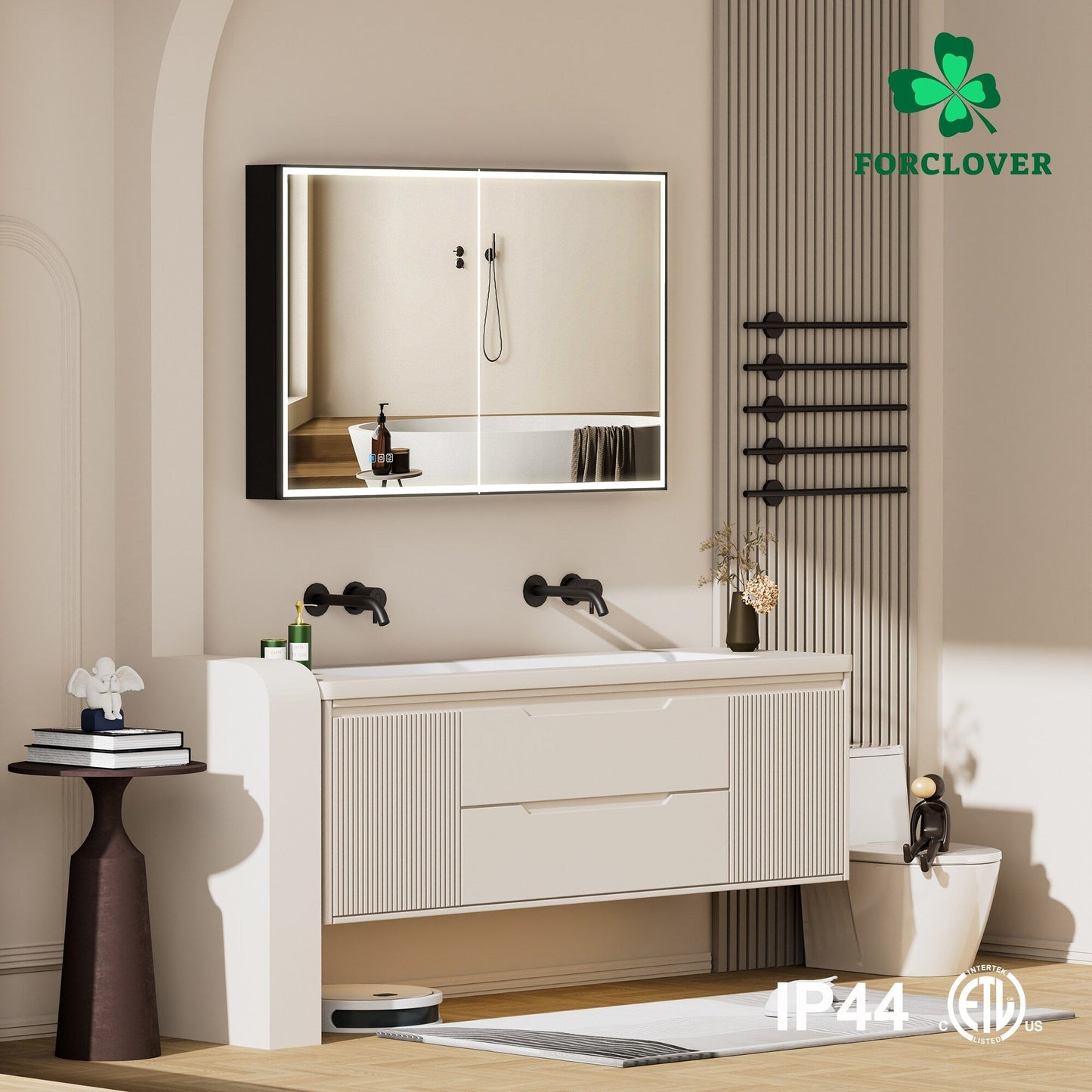 Forclover 48-in x 30-in Lighted LED Fog Free Surface/Recessed Mount Black Mirrored Soft Close Medicine Cabinet with Outlet