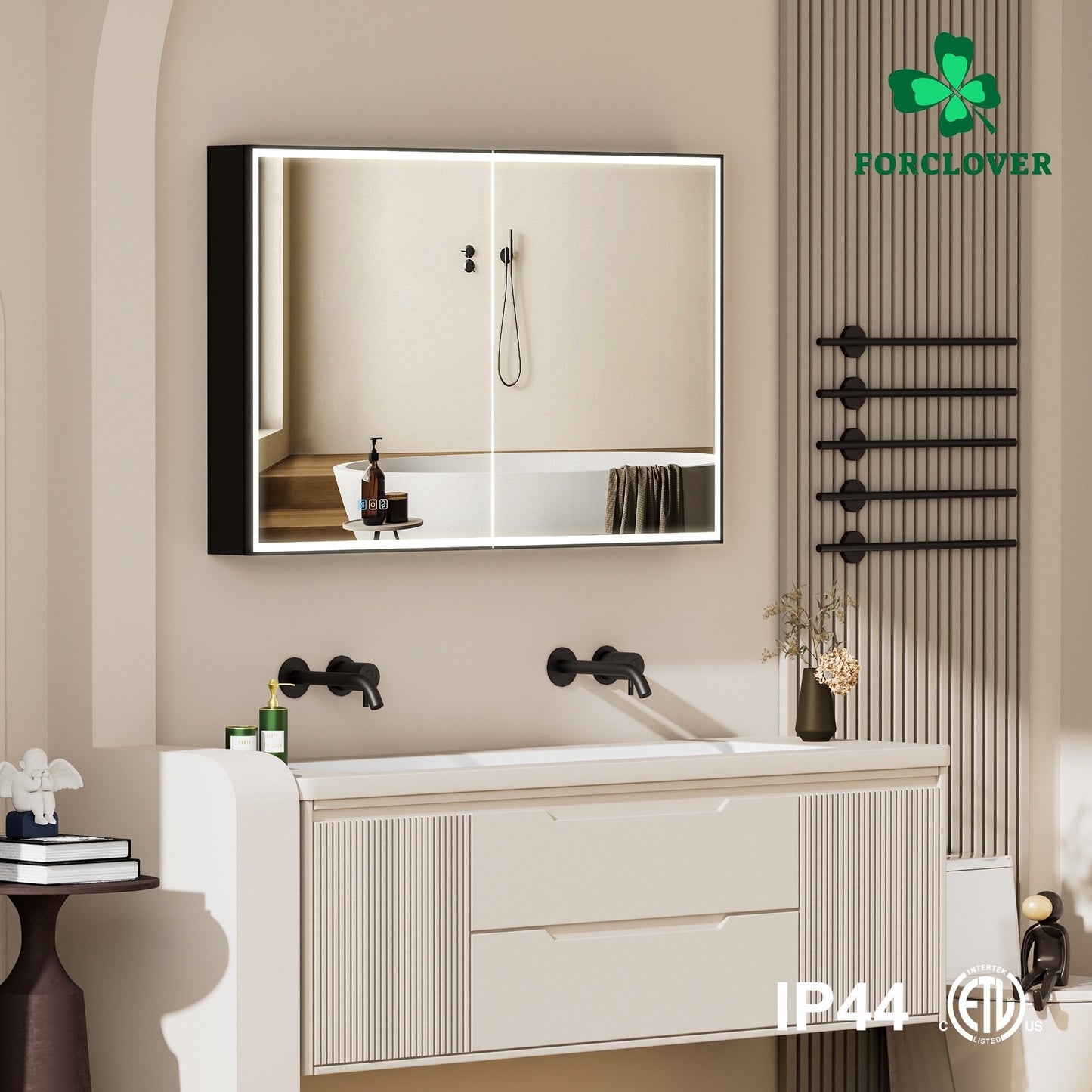 Forclover 48-in x 30-in Lighted LED Fog Free Surface/Recessed Mount Black Mirrored Soft Close Medicine Cabinet with Outlet