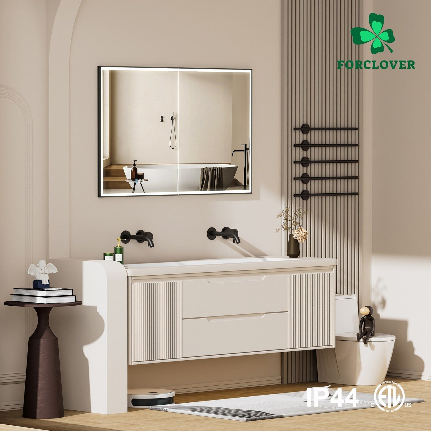 Forclover 48-in x 30-in Lighted LED Fog Free Surface/Recessed Mount Black Mirrored Soft Close Medicine Cabinet with Outlet