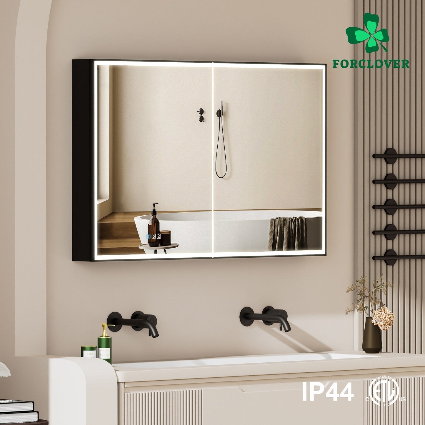 Forclover 48-in x 30-in Lighted LED Fog Free Surface/Recessed Mount Black Mirrored Soft Close Medicine Cabinet with Outlet