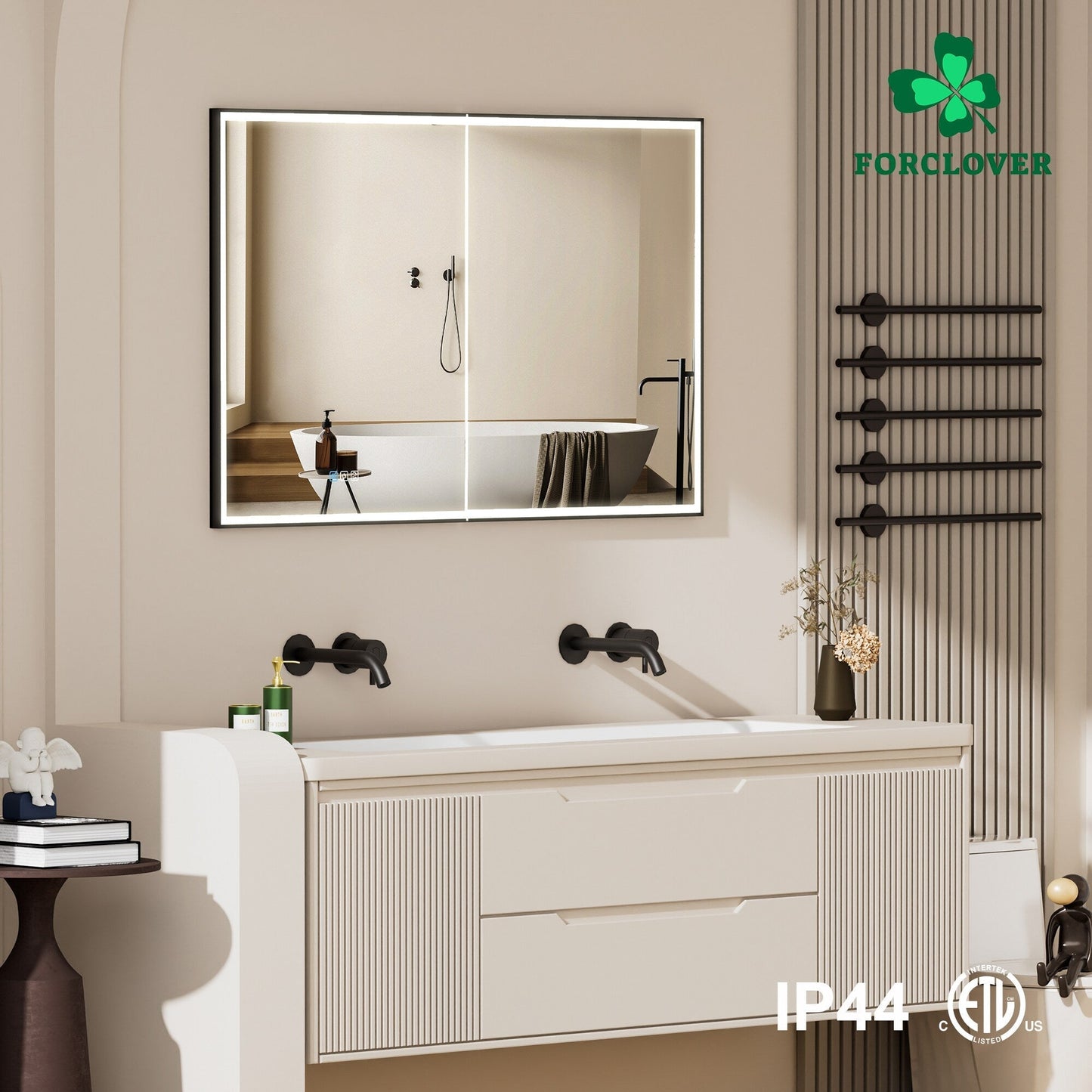 Forclover 48-in x 30-in Lighted LED Fog Free Surface/Recessed Mount Black Mirrored Soft Close Medicine Cabinet with Outlet
