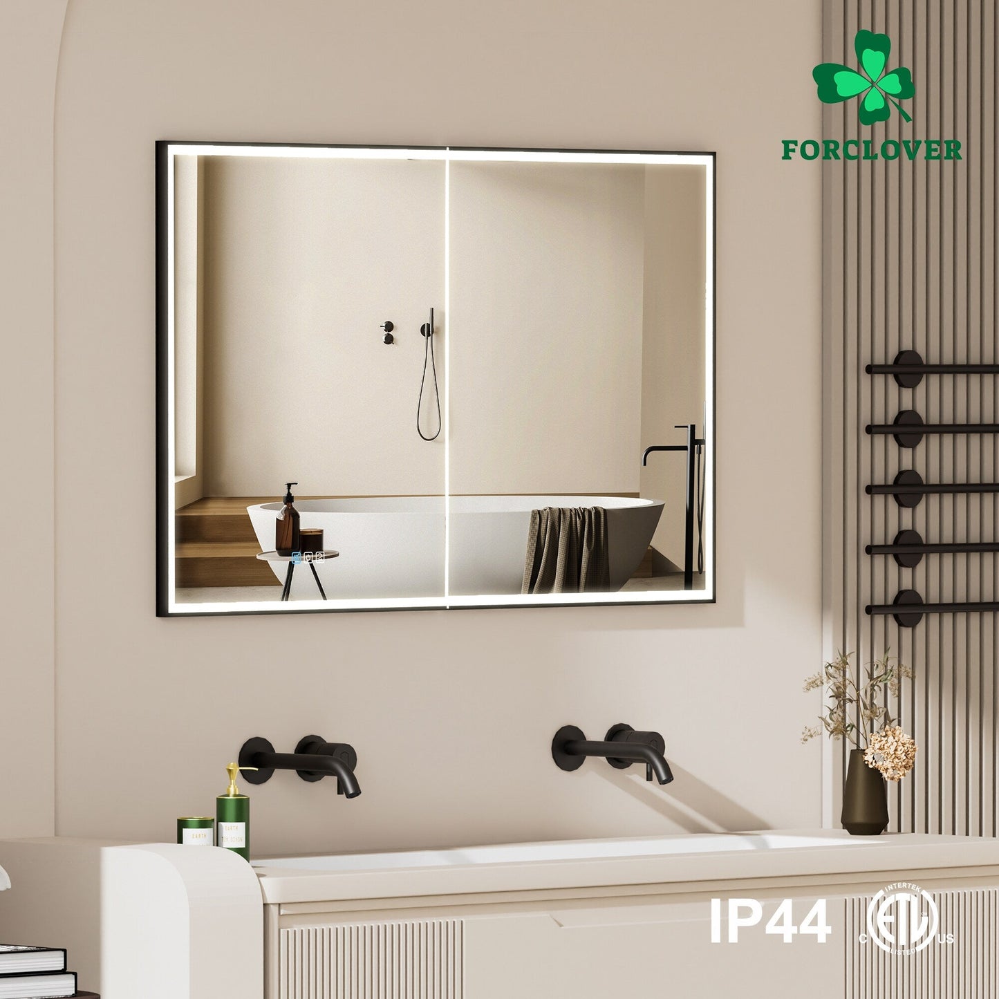 Forclover 48-in x 30-in Lighted LED Fog Free Surface/Recessed Mount Black Mirrored Soft Close Medicine Cabinet with Outlet