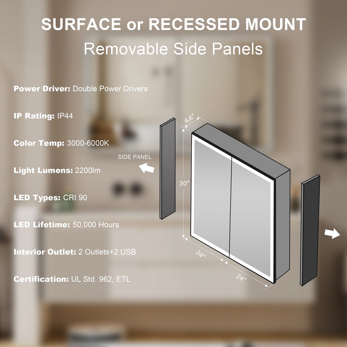 Forclover 48-in x 30-in Lighted LED Fog Free Surface/Recessed Mount Black Mirrored Soft Close Medicine Cabinet with Outlet
